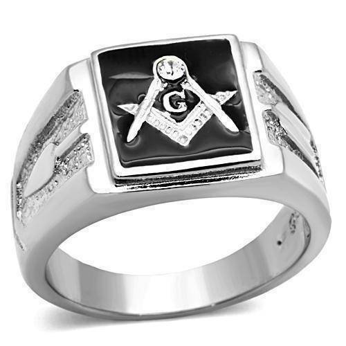Jewellery Kingdom Mens Masonic Signet Pinky Black Onyx Stainless Steel Cz Pinky Ring (Silver) - Jewelry Rings - British D'sire