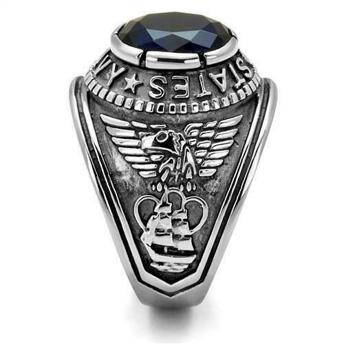Jewellery Kingdom Mens Navy Signet Military USA Stainless Steel Sapphire Silver Oval Ring - Jewelry Rings - British D'sire Main image