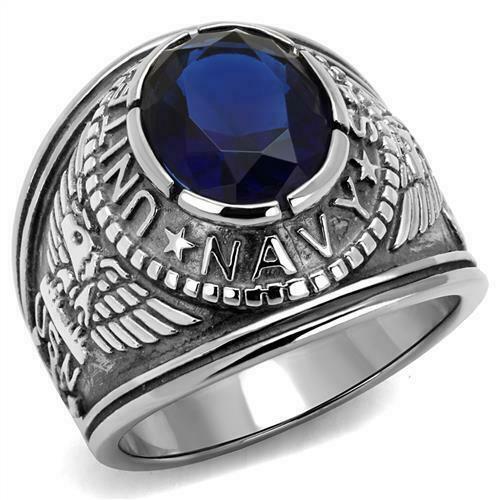 Jewellery Kingdom Mens Navy Signet Military USA Stainless Steel Sapphire Silver Oval Ring - Jewelry Rings - British D'sire