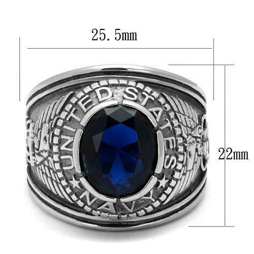 Jewellery Kingdom Mens Navy Signet Military USA Stainless Steel Sapphire Silver Oval Ring Secondary image