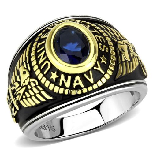 Jewellery Kingdom Mens Navy Stainless Steel USA Sapphire 18kt Blackened Military Ring (Gold) - Jewelry Rings - British D'sire