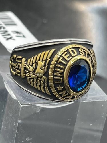 Jewellery Kingdom Mens Navy Stainless Steel USA Sapphire 18kt Blackened Military Ring (Gold) Secondary image