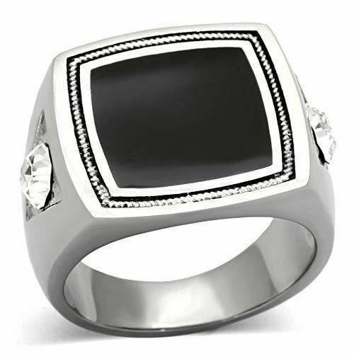 Jewellery Kingdom Mens Onyx Stainless Steel Silver Signet Pinky Ring (Black) - Jewelry Rings - British D'sire Main image
