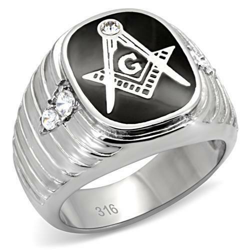Jewellery Kingdom Mens Oval Masonic Onyx Stainless Steel Cubic Zirconia Black Pinky Ring - Jewelry Rings - British D'sire