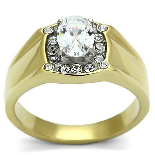Jewellery Kingdom Mens Oval Pinky Signet Cz 18kt 2 Carat Mans Steel Smart Classy Ring (Gold) - Jewelry Rings - British D'sire Main image