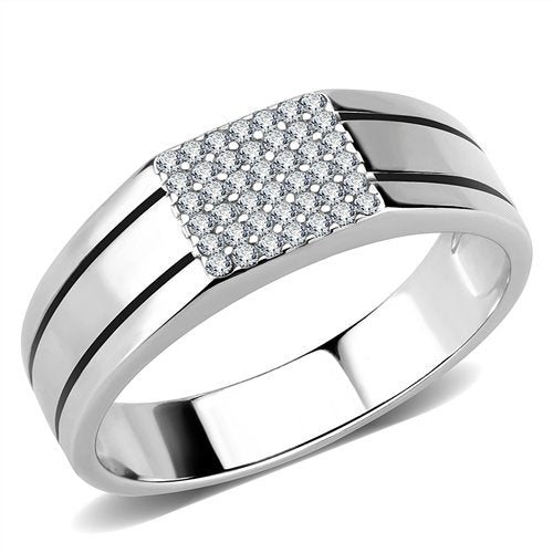 Jewellery Kingdom Mens Pinky 7.2mm Pave Stainless Steel Silver Classy Smart Sparkle Signet Ring - Mens Fine Jewellery - British D'sire Main image