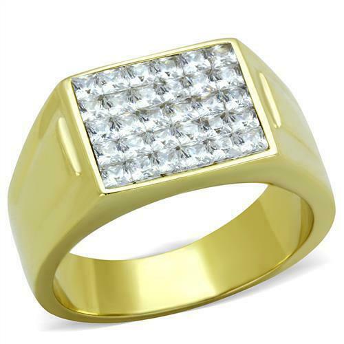 Jewellery Kingdom Mens Pinky Princess Cut Square 30 Stone 18kt Steel Signet Gold Ring - Jewelry Rings - British D'sire Main image