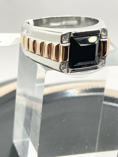 Jewellery Kingdom Mens Rose Gold Silver Signet Pinky Stainless Steel Cz Square Black Ring - Jewelry Rings - British D'sire Main image