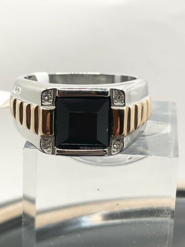 Jewellery Kingdom Mens Rose Gold Silver Signet Pinky Stainless Steel Cz Square Black Ring - Jewelry Rings - British D'sire