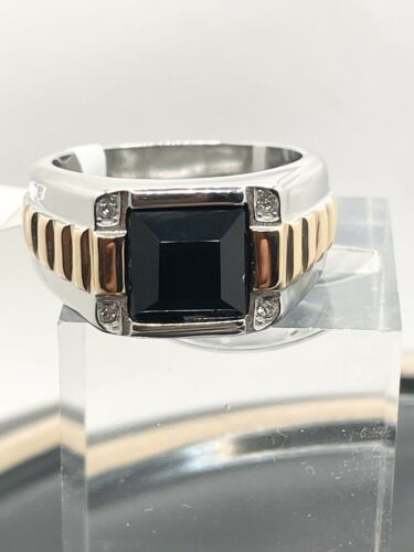 Jewellery Kingdom Mens Rose Gold Silver Signet Pinky Stainless Steel Cz Square Black Ring - Jewelry Rings - British D'sire