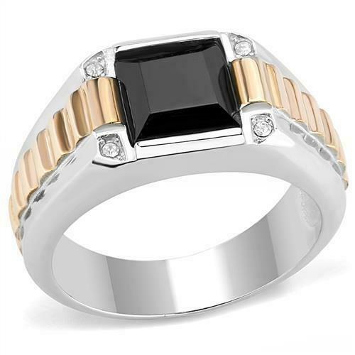 Jewellery Kingdom Mens Rose Gold Silver Signet Pinky Stainless Steel Cz Square Black Ring - Jewelry Rings - British D'sire