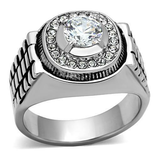 Jewellery Kingdom Mens Round Pinky Signet Cubic Zirconia Stainless Steel Ring (Silver) - Rings - British D'sire