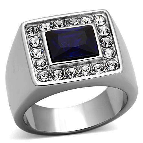 Jewellery Kingdom Mens Sapphire Blue Signet Pinky Cz Stainless Steel Emerald Cut Bezel Ring - Jewelry Rings - British D'sire
