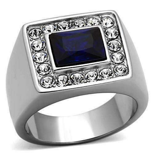 Jewellery Kingdom Mens Sapphire Signet Pinky Stainless Steel Emerald Cut Cz Ring (Silver) - Jewelry Rings - British D'sire Main image