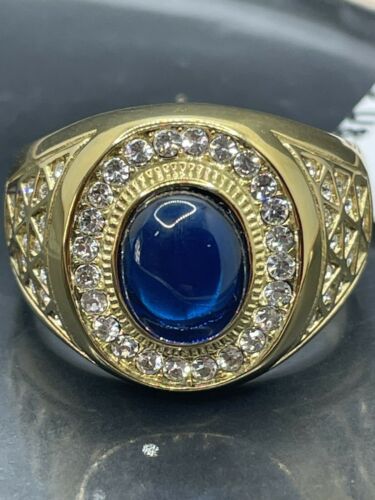 Jewellery Kingdom Mens Sapphire Simulated Diamonds Signet Pinky Steel Oval Sz Gold Ring (Blue) - Jewelry Rings - British D'sire