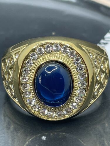Jewellery Kingdom Mens Sapphire Simulated Diamonds Signet Pinky Steel Oval Sz Gold Ring (Blue) - Jewelry Rings - British D'sire