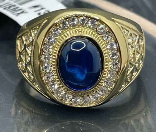 Jewellery Kingdom Mens Sapphire Simulated Diamonds Signet Pinky Steel Oval Sz Gold Ring (Blue) - Jewelry Rings - British D'sire Main image