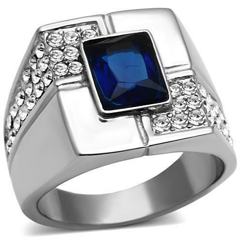 Jewellery Kingdom Mens Sapphiresignet Emerald Cut Stainless Steel Cubic Zirconia Ring (Blue) - Jewelry Rings - British D'sire Main image
