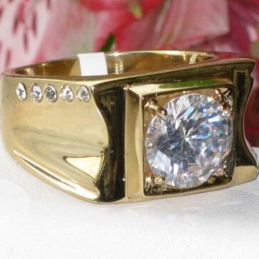 Jewellery Kingdom Mens Signet 3 Carat Solitaire 18kt Steel Cubic Ziconia All Size Ring (Gold) - Jewelry Rings - British D'sire Main image