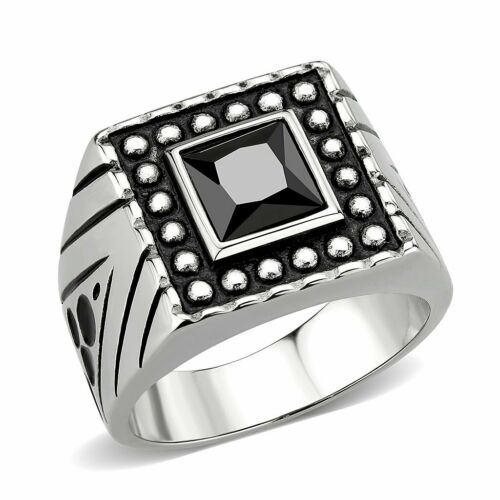 Jewellery Kingdom Mens Signet Cubic Zirconia Pinky Stainless Steel Jet Emerald Ring (Silver) - Jewelry Rings - British D'sire
