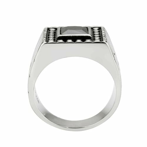 Jewellery Kingdom Mens Signet Cubic Zirconia Pinky Stainless Steel Jet Emerald Ring (Silver) - Jewelry Rings - British D'sire