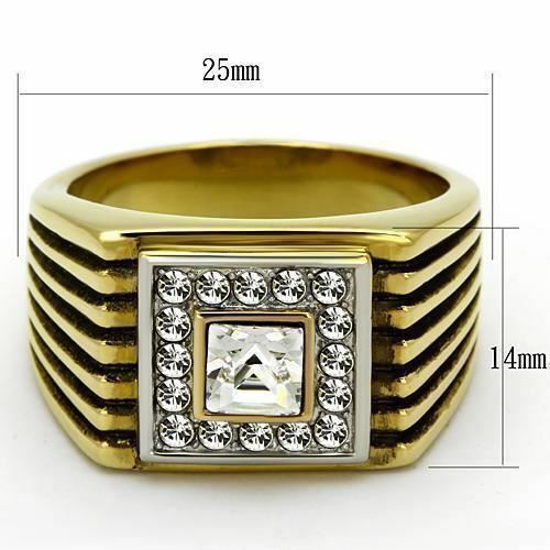 Jewellery Kingdom Mens Signet Gold Pinky Square Cz Princess Cut Steel 18kt Two Tone Ring - Jewelry Rings - British D'sire