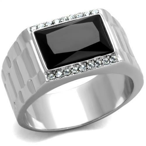 Jewellery Kingdom Mens Signet Jet Emerald Cut Black Pinky Stainless Steel Tusk Cz Ring (Silver) - Jewelry Rings - British D'sire Main image