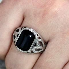 Jewellery Kingdom Mens Signet Jet Silver Stainless Steel Poxy Classy Stamped Ring (Black) - Jewelry Rings - British D'sire