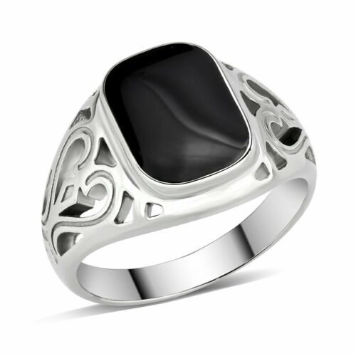 Jewellery Kingdom Mens Signet Jet Silver Stainless Steel Poxy Classy Stamped Ring (Black) - Jewelry Rings - British D'sire Main image
