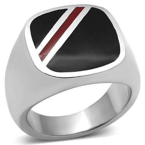 Jewellery Kingdom Mens Signet Onyx Stainless Steel Pinky Classic Stripe Red Ring (Black) - Jewelry Rings - British D'sire