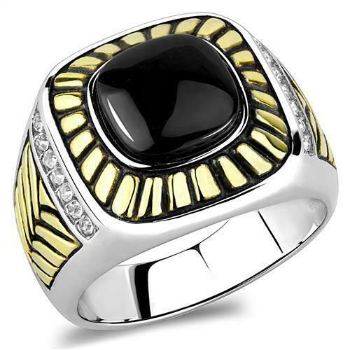 Jewellery Kingdom Mens Signet Pinky 18kt Gold Stainless Steel Jet Cz Silver Ring (Black) - Jewelry Rings - British D'sire Main image