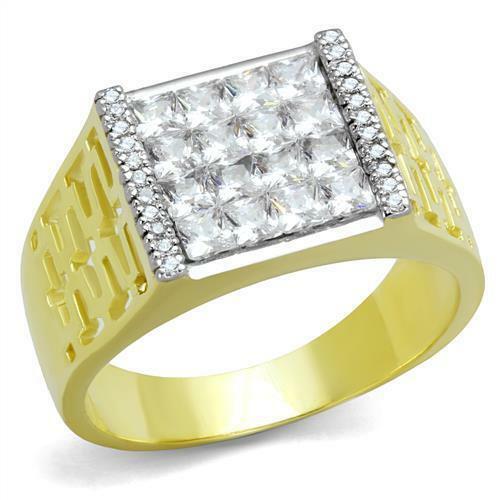 Jewellery Kingdom Mens Signet Pinky Cz Princess Cut Sterling Silver 18kt 16 Stone Ring (Gold) - Jewelry Rings - British D'sire Main image