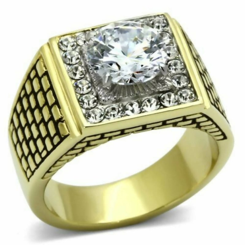 Jewellery Kingdom Mens Signet Pinky Simulated Diamonds Square Face Ring (Gold) - Mens Jewellery - British D'sire Main image