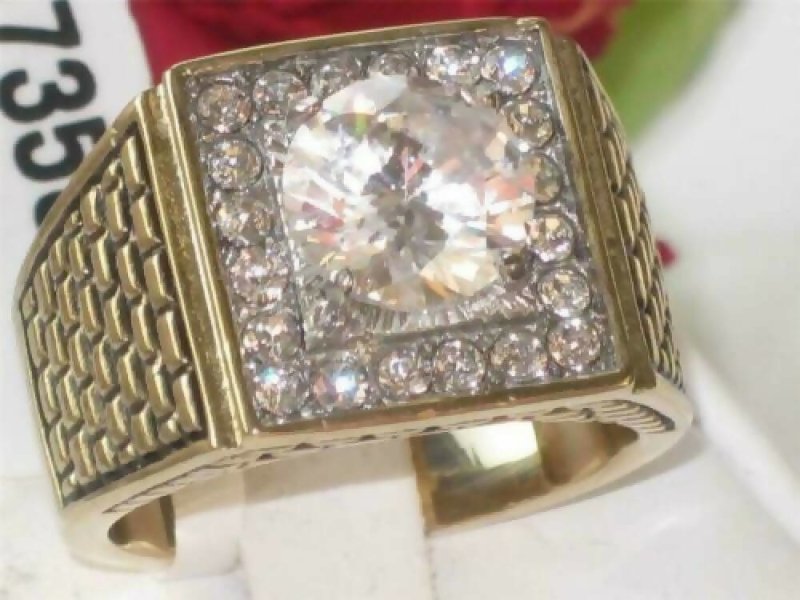 Jewellery Kingdom Mens Signet Pinky Simulated Diamonds Square Face Ring (Gold) - Mens Jewellery - British D'sire