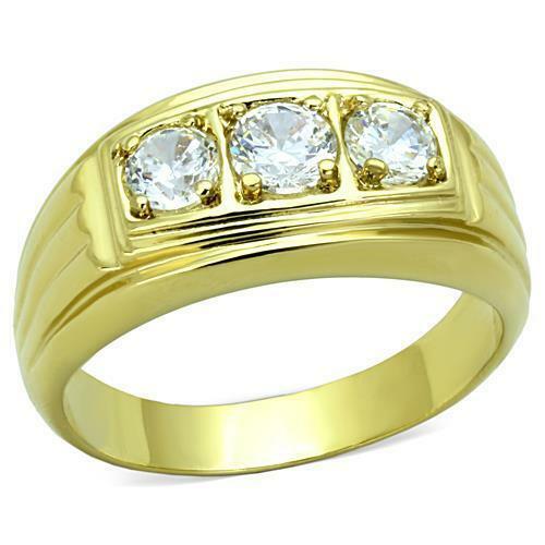 Jewellery Kingdom Mens Signet Pinky Three Stone 18kt Steel No Tarnish Gold Ring - Mens Fine Jewellery - British D'sire