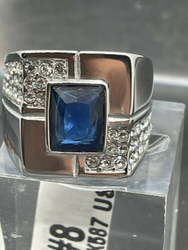 Jewellery Kingdom Mens Signet Sapphire Emerald Cut Stainless Steel Cubic Zirconia Ring (Blue) - Jewelry Rings - British D'sire Main image