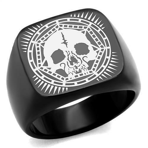 Jewellery Kingdom Mens Signet Skull Stainless Steel Biker Goth Silver All Sizes Ring (Black) - Jewelry Rings - British D'sire