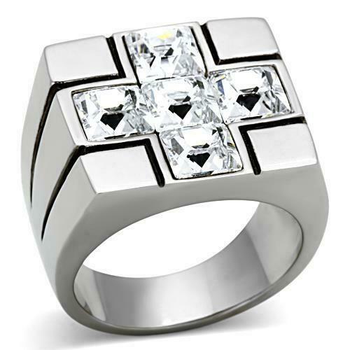 Jewellery Kingdom Mens Signet Stainless Steel Cubic Zirconia Square Silver Cross Ring - Jewelry Rings - British D'sire Main image