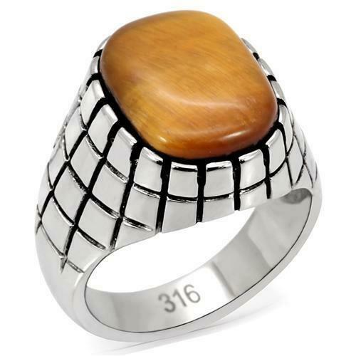 Jewellery Kingdom Mens Signet Tigers Eye Pinky Stainless Steel 316L Tusk Stamped Ring (Brown) - Jewelry Rings - British D'sire Main image