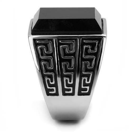 Jewellery Kingdom Mens Silver Onyx Signet Emerald Cut Greek Key Stainless Steel Ring (Black) - Jewelry Rings - British D'sire