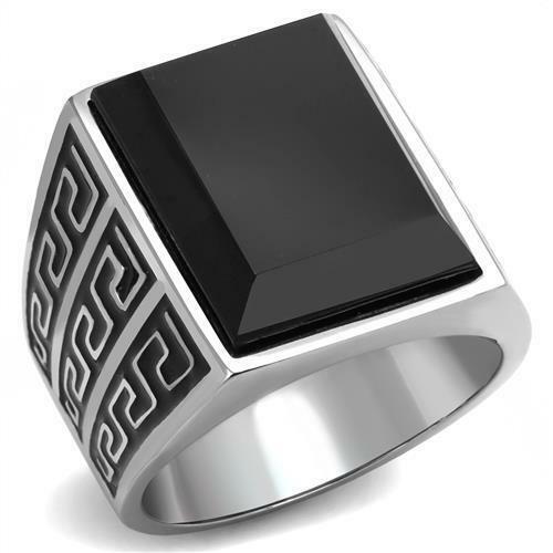 Jewellery Kingdom Mens Silver Onyx Signet Emerald Cut Greek Key Stainless Steel Ring (Black) - Jewelry Rings - British D'sire Main image
