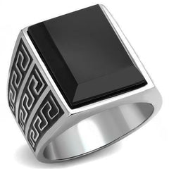 Jewellery Kingdom Mens Silver Onyx Signet Emerald Cut Greek Key Stainless Steel Ring (Black) - Jewelry Rings - British D'sire