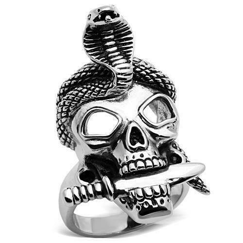 Jewellery Kingdom Mens Skull Band Snake Biker Thumb Signet Pinky Stainless Steel Ring (Silver) - Jewelry Rings - British D'sire Main image