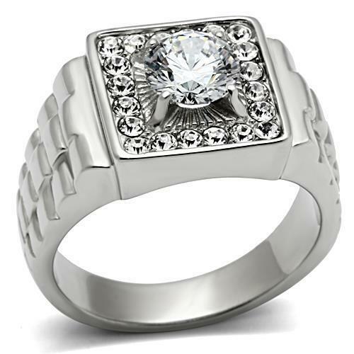 Jewellery Kingdom Mens Solitaire Accents Signet Pinky Simulated Diamonds Steel Ring (Silver) - Jewelry Rings - British D'sire Main image