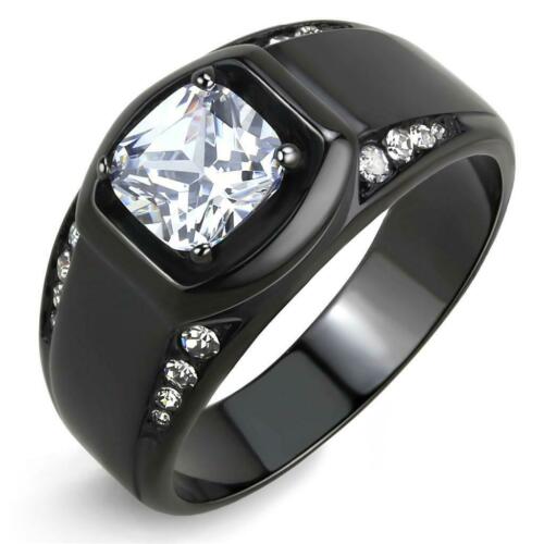 Jewellery Kingdom Mens Solitaire Pinky Signet Stainless Steel Cubiz Zirconia Ring (Black) - Rings - British D'sire