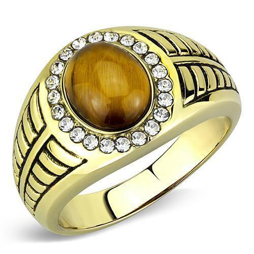 Jewellery Kingdom Mens Tiger Eye Pinky Signet Brown Oval 18kt Steel Cz Gemstone Ring (Gold) - Jewelry Rings - British D'sire