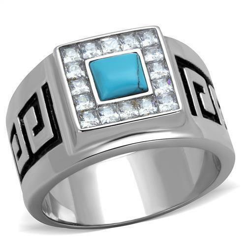 Jewellery Kingdom Mens Turquoise Signet Pinky Stainless Steel Square Cz Silver Princess Ring - Jewelry Rings - British D'sire Main image