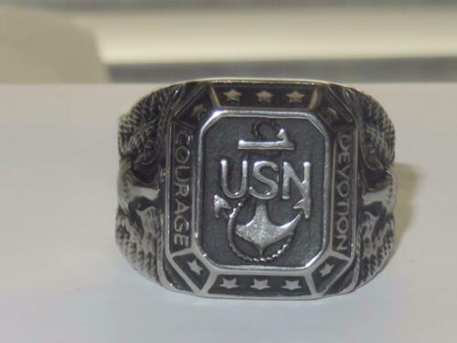 Jewellery Kingdom Mens Usn Military Navy Courage Stainless Steel Pinky Signet Ring (Silver) - Jewelry Rings - British D'sire Main image
