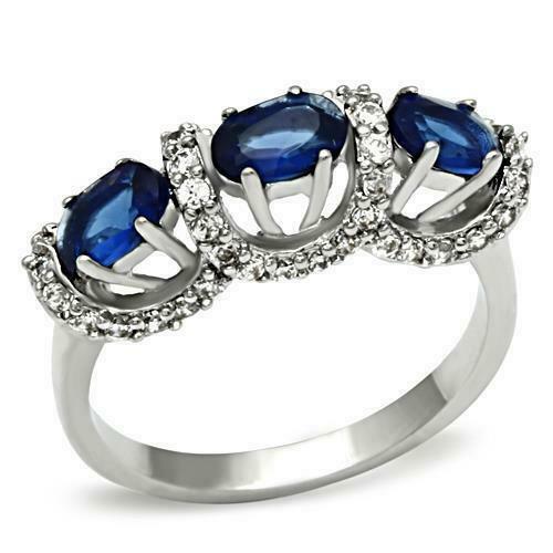 Jewellery Kingdom Montana Sapphire Simulated Three Diamond Raised Oval Stone Womens Ring (Blue) - Jewelry Rings - British D'sire Main image