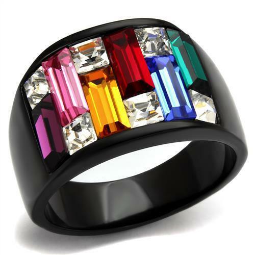 Jewellery Kingdom Multi Coloured Ladies Cubic Zirconia Oblong Steel Black Ring - Rings - British D'sire Main image